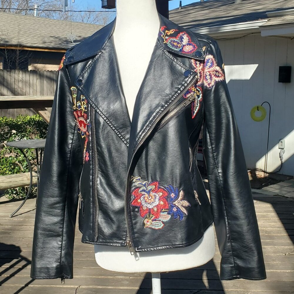 Gorgeous Embroidered Black Faux Leather Jacket V Christina